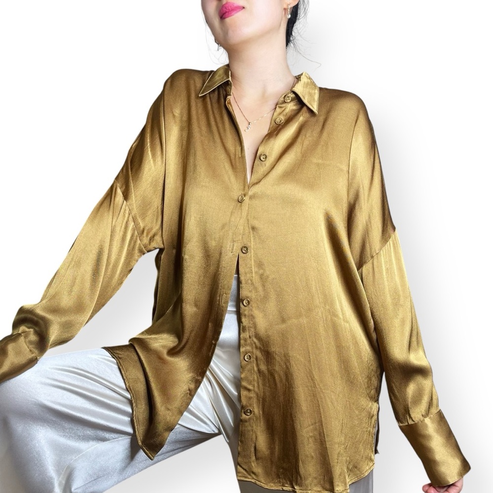 DISSH Simone Pearl Satin Shirt in Golden Olive Chartreuse Size 6 - Picture 4 of 16